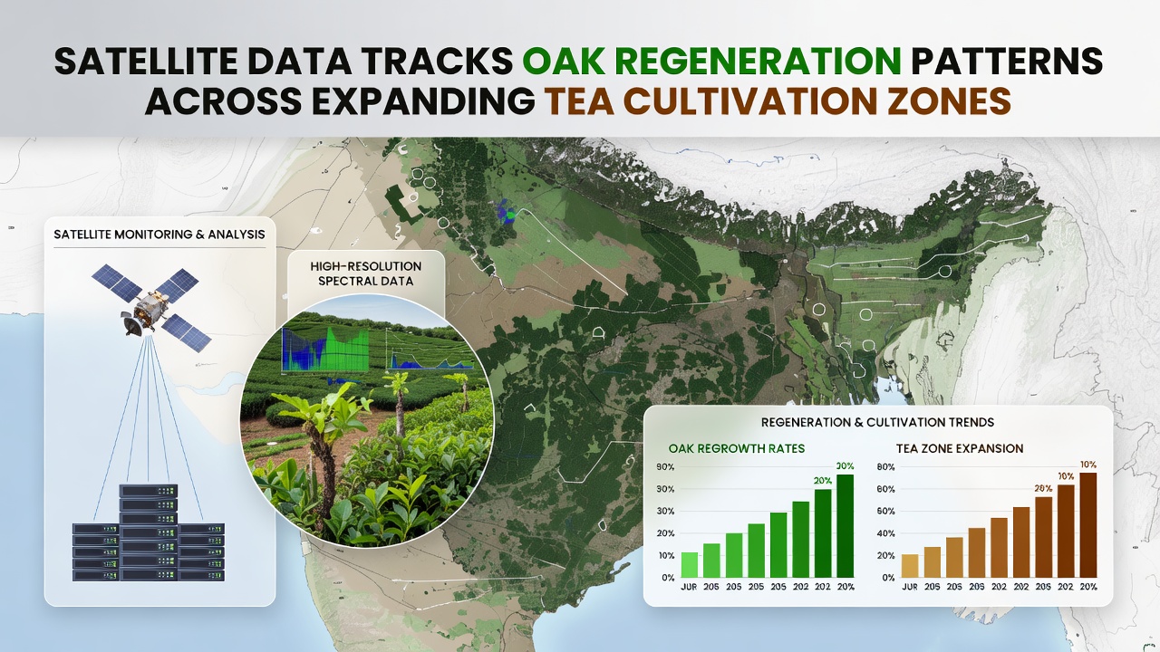 Close-up satellite view of regenerating oak patches bordering tea fields